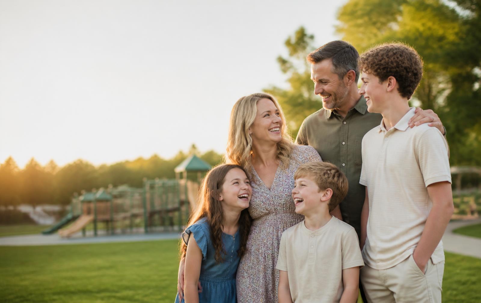 A family with young children and a teenager laughing together at a North Metro Atlanta park